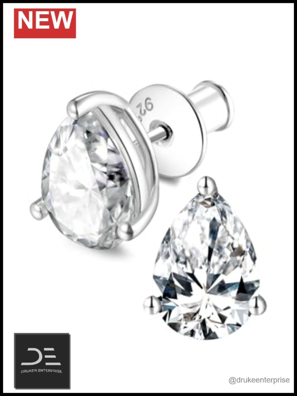 Moissanite Pear Stud Earrings 925 Sterling Silver, Hypoallergenic, Gift Box